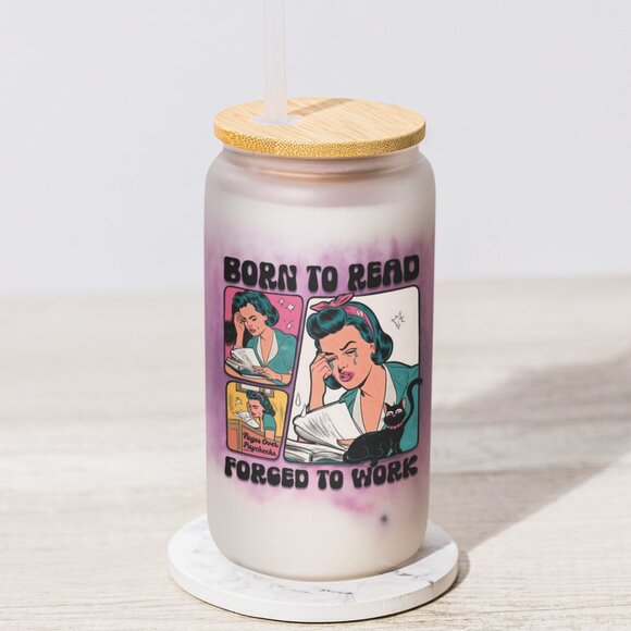 Born To Read Frosted Glass Tumbler, 16oz, Literary Quote, Book Lover Gift - Picture 5 of 7